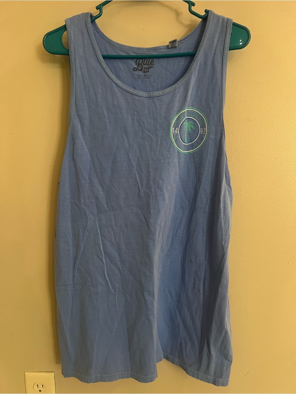 Blue 84 Light Blue Graphic Tank with Green Palm Logo- Turks and Caicos